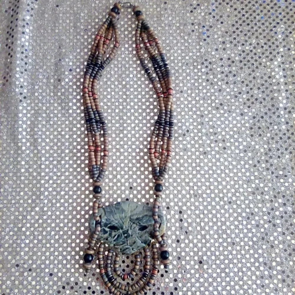 Wood Beads and Etched Stone multi-strand Necklace